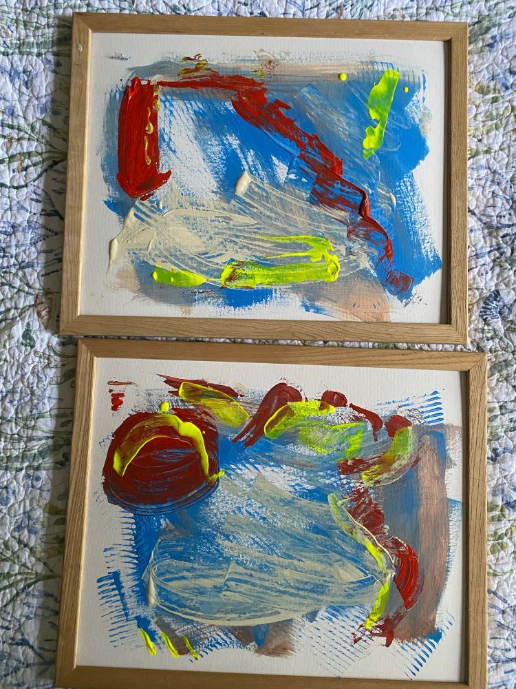 Set of abstract paintings with blue, gold, red and neon yellow with wood frames. 