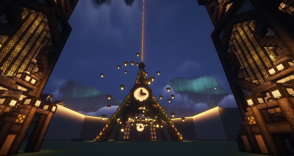 A giant clock on an Eiffel Tower and floating lanterns surrounding it