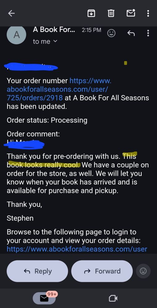 Pre-order confirmation from my local bookstore that says Maureen Johnson's new book looks 