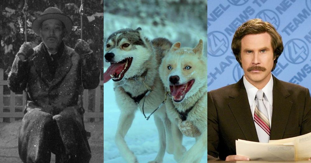 features film stills from "ikiru," "folktales," and "anchorman: the legend of ron burgundy." 