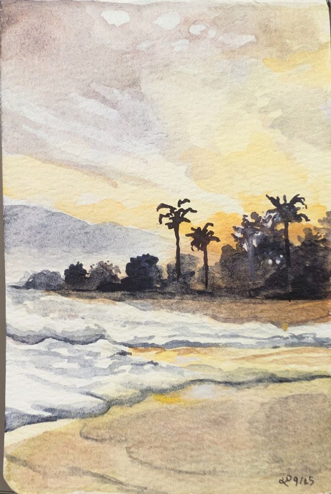 A beach at sunset scene, watercolor painting, using a limited color palette of new gamboge yellow, pyrrol red, and paynes gray 