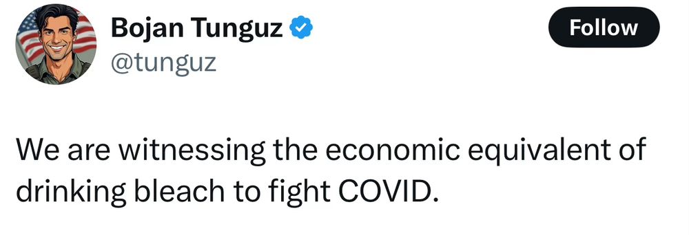 Tweet from Bojan Tunguz

We are witnessing the economic equivalent of drinking bleach to fight COVID.