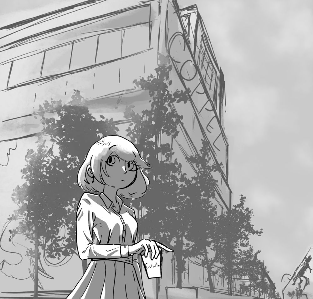 A grayscale drawing of a girl with a sketched plaza as a background.