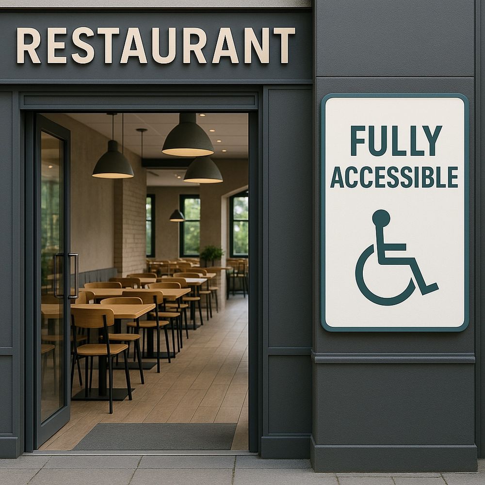Image of an entrance to a restaurant with a sign saying fully accessible.