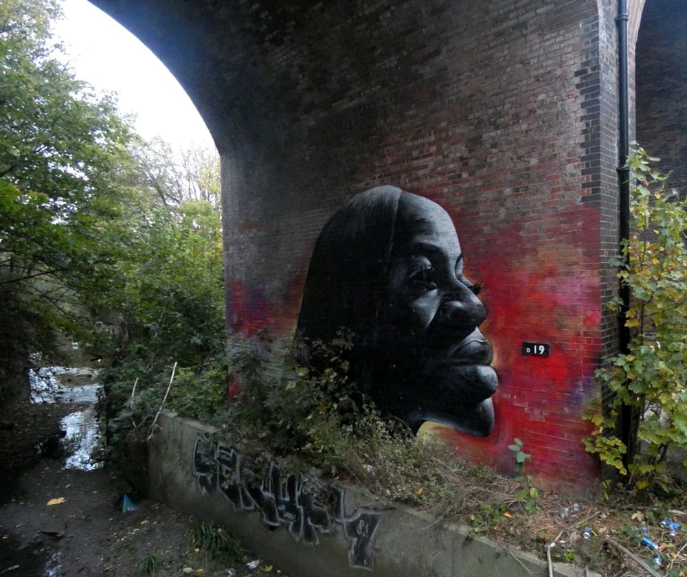A woman's face is painted on the inner arch of a bridge, with a red cloudy baground. There is a thin stream snaking through mostly dried up earth below.