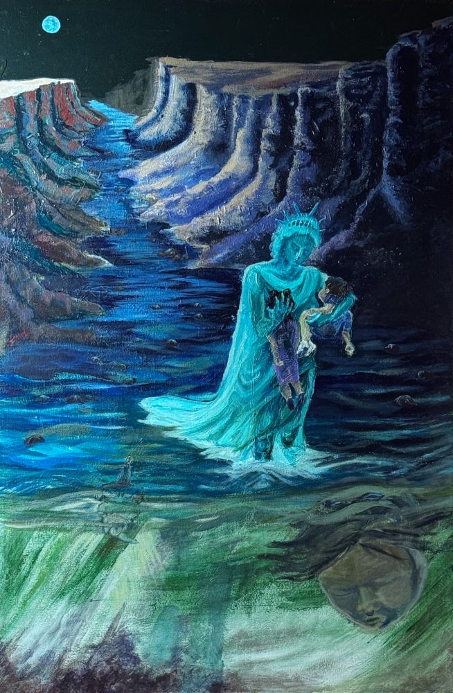Painting, acrylic on canvas, night scene, statue of liberty walking in the Rio Grande River canyon carrying two drowned children gently in her arms, a small moon in the background provides little light