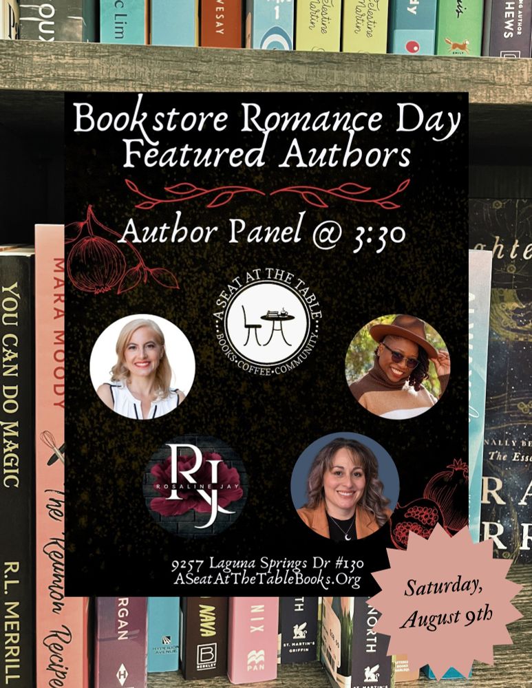 Join us Saturday, August 9th at 3:30 pm @aseatatthetablebooks for my very first Romance Author Panel 🎉🫶🏻🎊