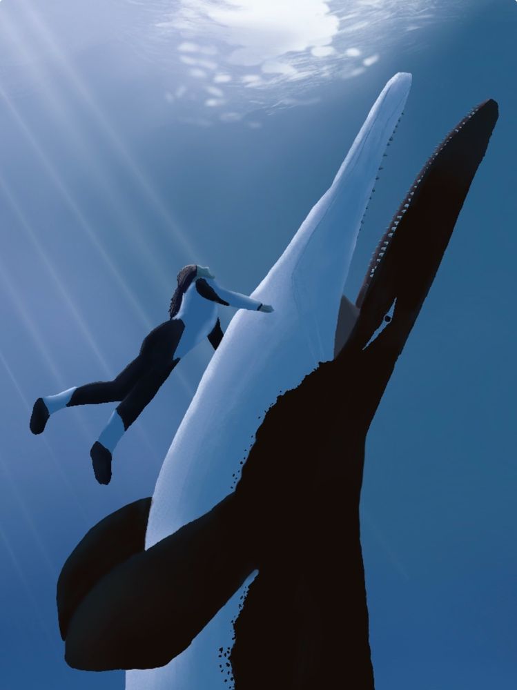 Close up of the human trainer in the water with the large mosasaur, Tylosaurus. 