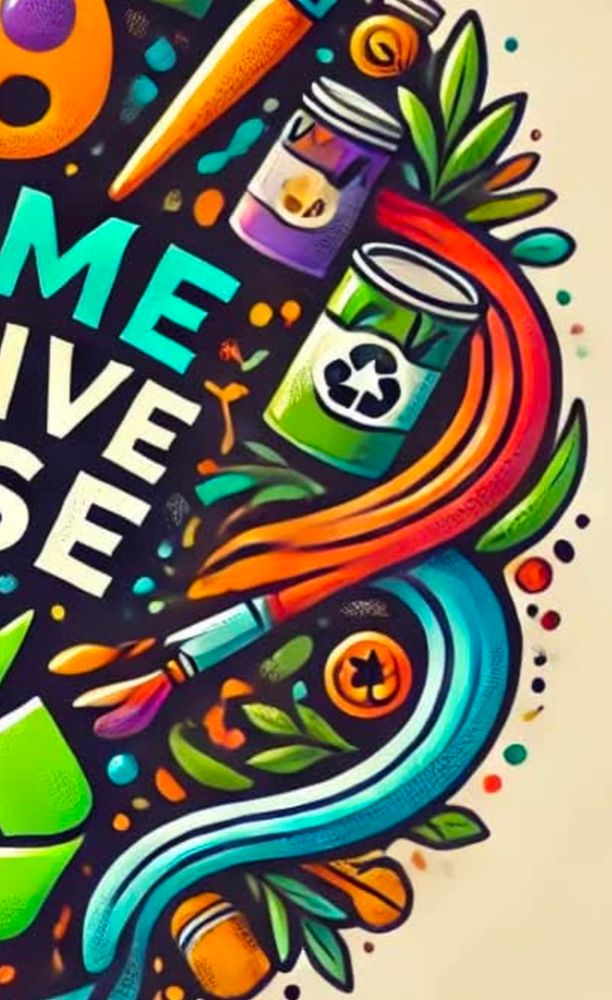 A cropped section of a colorful stylized illustration of art supplies and recycling stuff. There's a lot of incoherent details, including a paintbrush that splits into two, barely-recognizeable recycling symbols on cans, and weird blobs. 