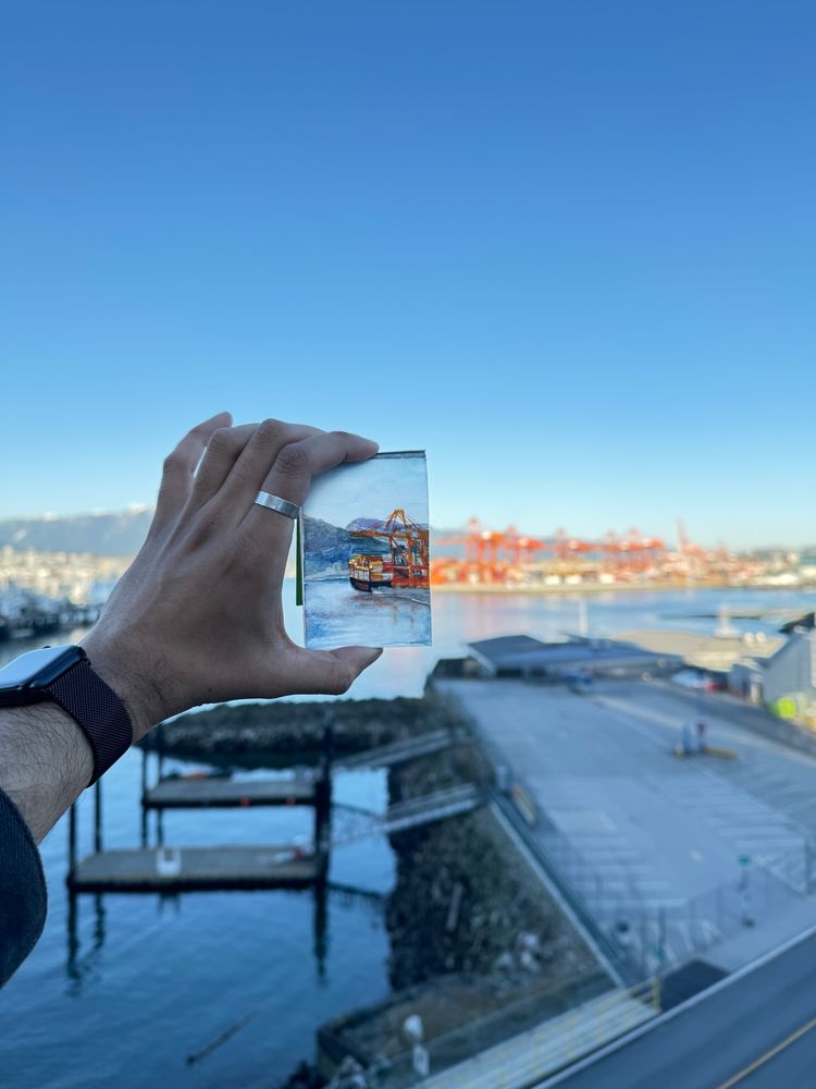 Miniature watercolour painting of waterfront at vancouver’s coal harbour 
