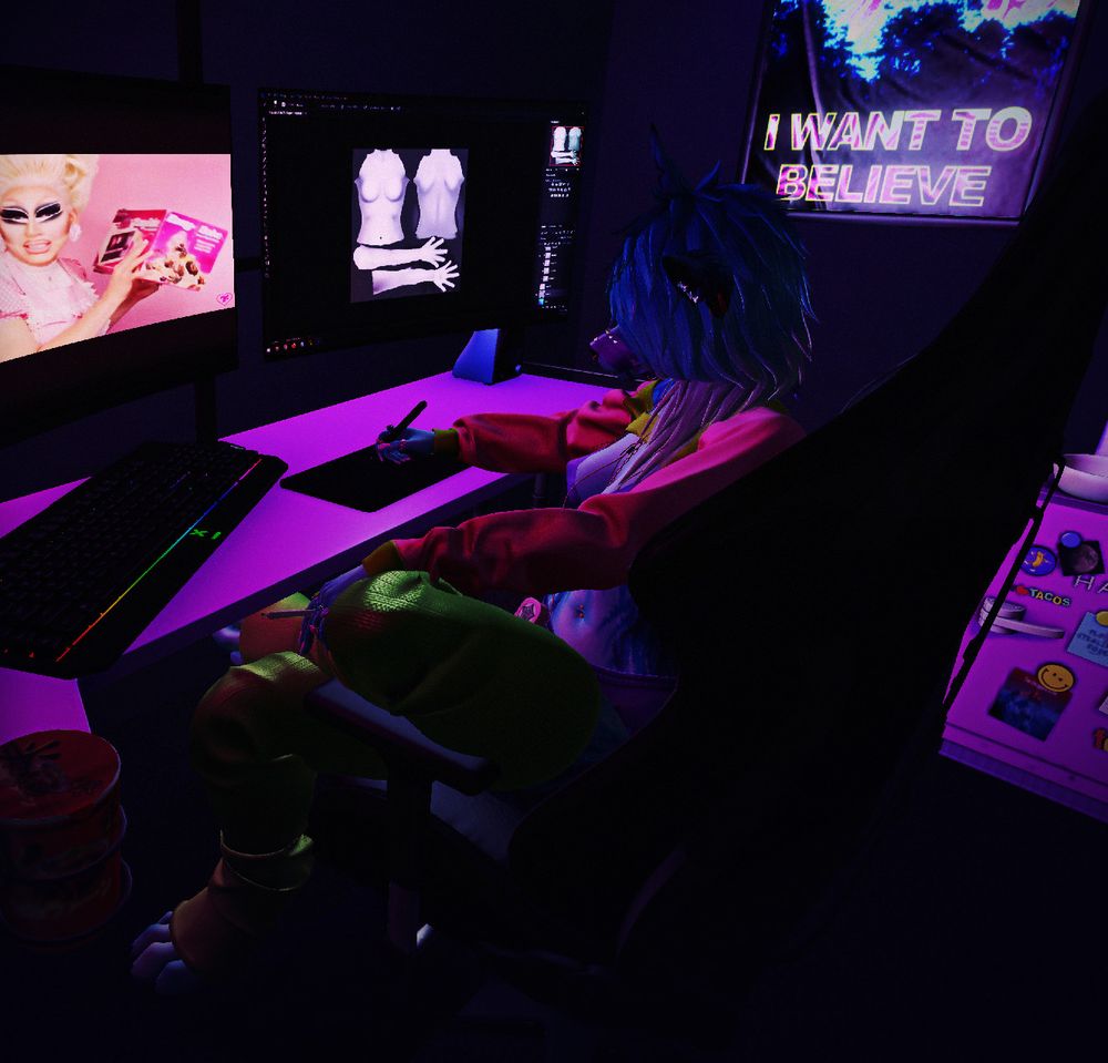 an anthro character working in photoshop on a graphical tablet, watching trixie mattel, smoking a joint, and eating ramen noodles