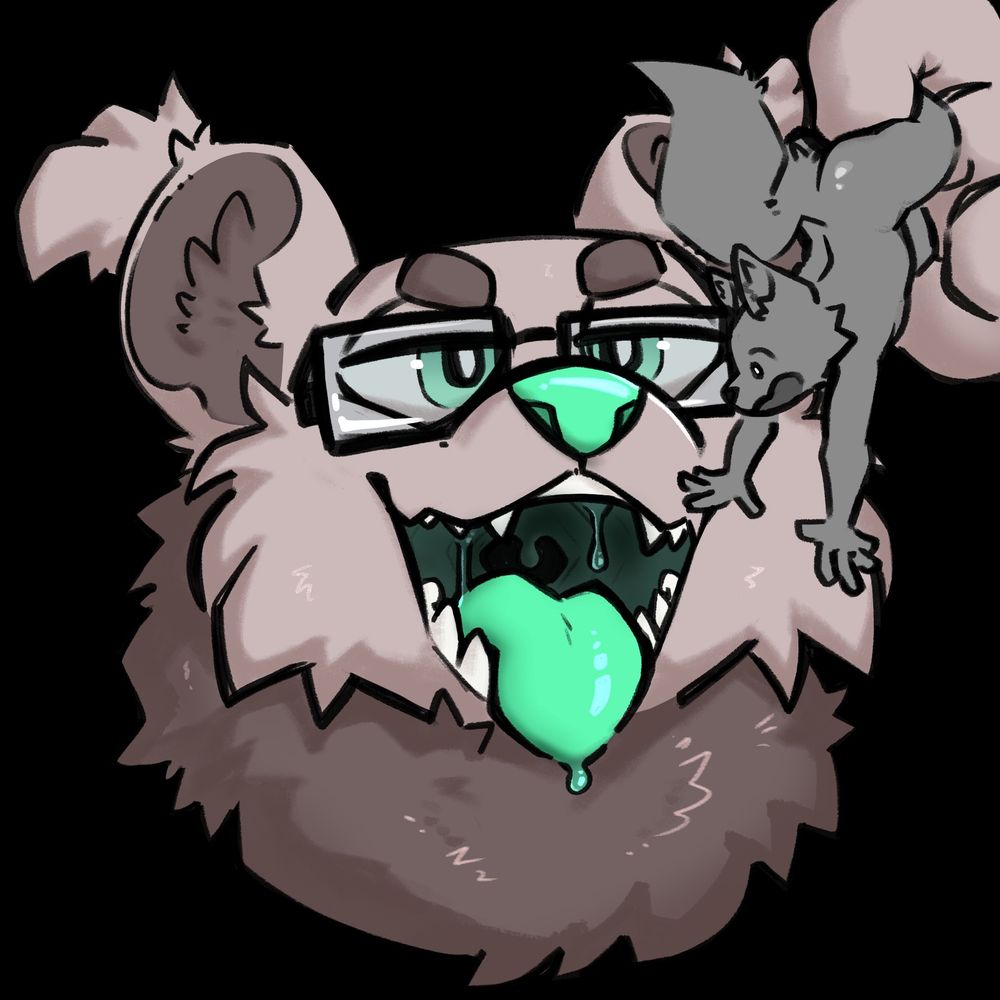 Mint the Binturong (the Minturong, if you will), dangling an anonymous canid over his open, wet mouth. Mint has a mischievous, teasing expression on his face.