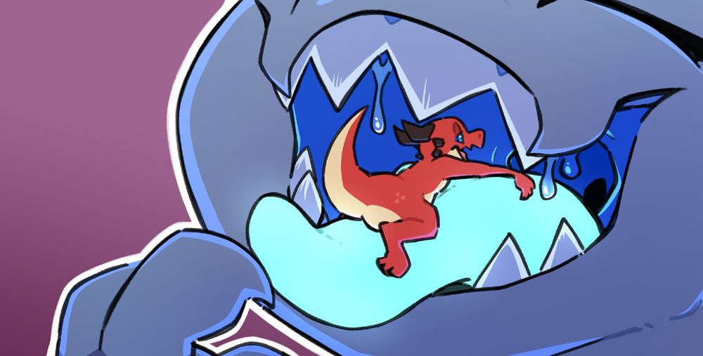 Mawshot of an unnamed nude kobold laying on the glowing blue tongue of Vomiin. The kobold is clearly entranced, in a daze as they stare into the pred's waiting throat. Strands of drool drip around them.