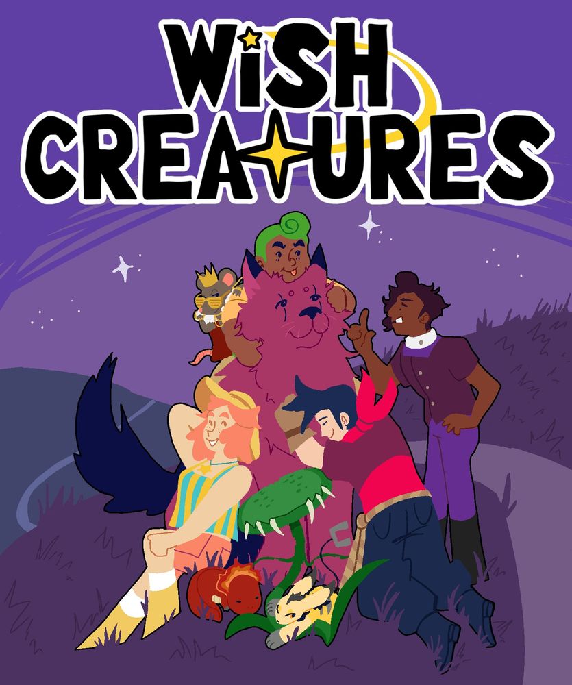 The new key art of Wish Creatures! A green-haired, dark skinned young boy sticks his tongue out as he sits atop a large, friendly-looking canine monster. The monster looks back up at him. An older character with a similar complexion scolds the young boy. They are nearly as tall as the canine monster and wear a maroon button-down shirt and soft purple pants. 
The third human character hugs the canine monster from the front while kneeling in the grass. Their skin is pale. They have spiky, navy colored hair, a brown and red shirt, a rope around their waist, navy pants and boots, beige gloves, and a red bandana around their neck.
The last human character is a girl around the same age, size, and complexion as the previous character. Her outfit and hair are pastel colors - light orange floofy hair, a yellow-blue striped tanktop, light orange shorts, and yellow boots. She wears a sunhat, which is pressed against the canine monster because she's leaning on it.
A rat wearing a crown and gold sunglasses smirks while holding on to the young boy. In front of the canine monster and left of the kneeling character, three monsters rest peacefully. On the left is a fire salamandar, curled in a ball and asleep on its stomach. In the center, an eye-less, toothed venus fly-trap monster holds the third monster on a leaf-like root. The third monster is a yellow fox with long ears, grey paws, and a magnet at the end of its thin black tail. It looks at the camera with one eye sleepily open.

The ground beneath is a purple, grassy field. A winding path starts from the bottom right and travels into the hills of the background. The sky is a dark, softly saturated purple filled with stars. The "Wish Creatures" logo is top center, with the dot in the Wish's i and the T in "creatures" both stylized as stars. A yellow trail connects the two. The logo is in a bold, easy to read black font and outlined in white.