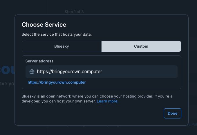 Screenshot of changing from Bluesky to a "custom" PDS. It saves what server you last used if you make multiple.