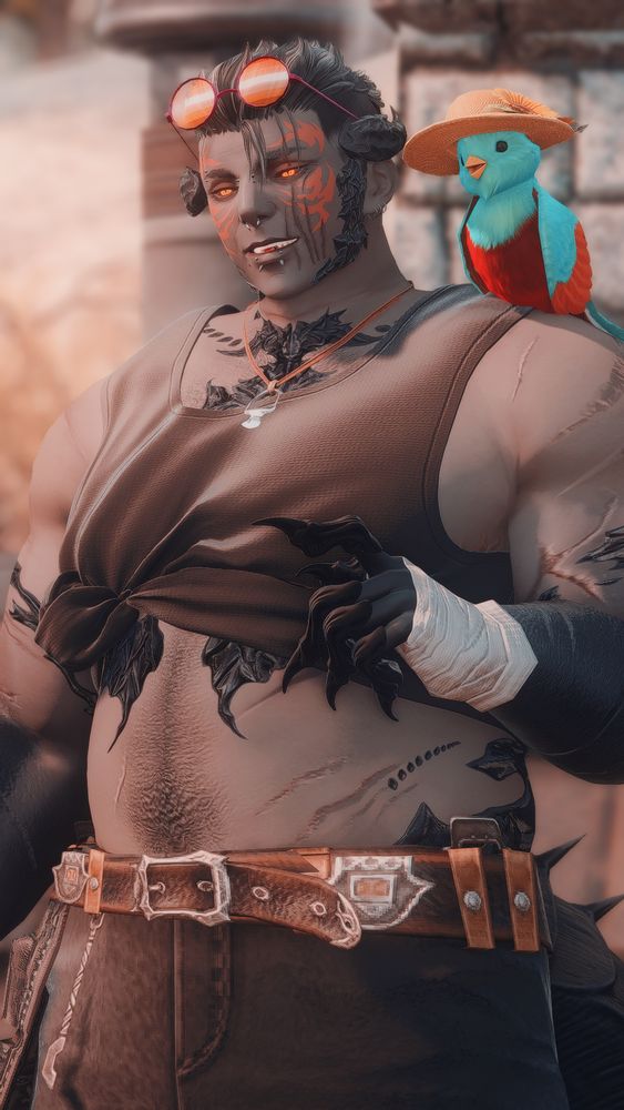 Portrait of Fornax (an au roe: roegadyn and au ra mix) holding a hand up and seemingly pointing at something, or perhaps it's a small gesture of saying hello. They're smiling at something off camera, the sunset shining warmly against their body. They're dressed with a black tied up tank top that shows off their stomach perfectly, white hand wraps, and black skyworker pants. They also have sunglasses in the butch colors, and their eternal bond ring on a necklace. Pretzel the quetzal sits on their shoulder and wears a tiny sun hat, and is parroting Fornax's slight head tilt.