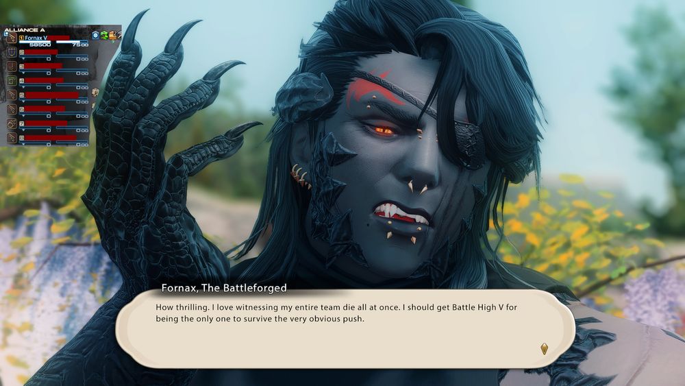 Pirate version of Fornax (an au roe: roegadyn and au ra mix), who looks VERY annoyed. One hand is raised to emphasize on how done they appear, and near their hand is their team list, in which everyone but them is dead. There's a text box that reads:

Fornax, The Battleforged
"How thrilling. I love witnessing my entire team die all at once. I should get Battle High V for being the only one to survive the very obvious push."