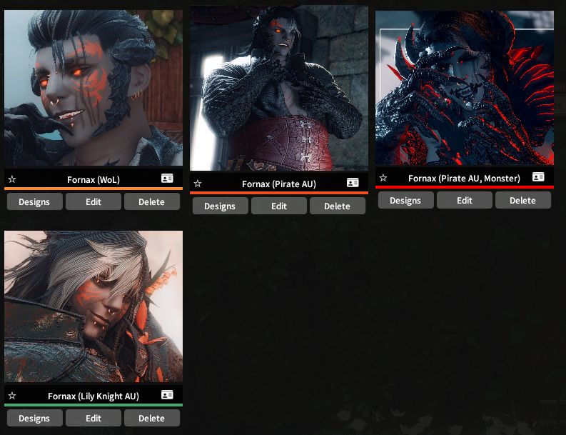 The character select+ screen with all of Fornax's profiles. Fornax (warrior of light), Fornax (pirate au), Fornax (pirate au, monster), and Fornax (lily knight au).