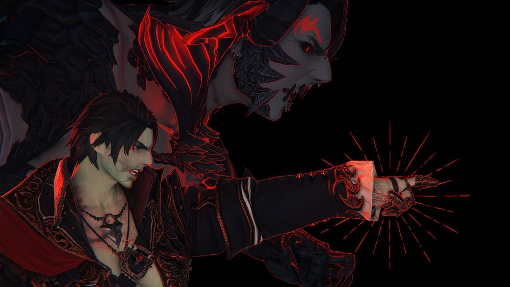 The pirate versions of Fornax (an au roe: roegadyn and au ra mix) and Ryssrael (a roegadyn). Fornax is in their large sea monster form, appearing to be lunging into frame in the background, red lighting coming from their neck fins and body mark glows. Ryssrael is pointing ahead at enemies off-screen, commanding Fornax to attack. There's a halo of broken lines coming from her hand, implying the reigns she has on her loyal sea monster.