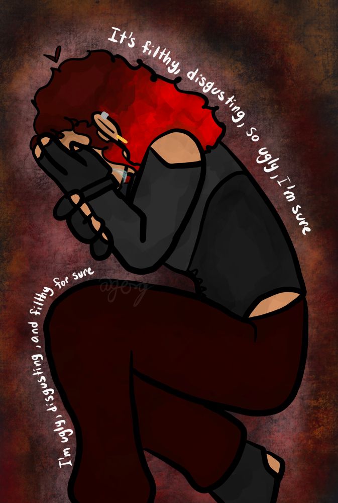 Illustration of Wanda Maximoff from @/itsyagerg_zero’s Marvel AU. She is on her side, hands covering her face as a tear falls down her face. Around her, the worlds “It’s filty, disgusting, so ugly, I’m sure. I’m ugly, disgusting, and filthy for sure.” Surround her, following the curve of her body.