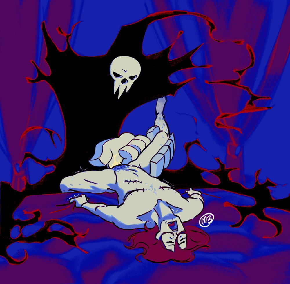 Spirit Albarn from Soul Eater getting fingered by Lord Death/Shinigami from Soul Eater. Spirit is laying back on a bed with his neck craned back and moaning while Death looks over him with a shadowy body. One of Death's large comic-like hands holds Spirit's legs apart while the other inserts one finger inside Spirit.
