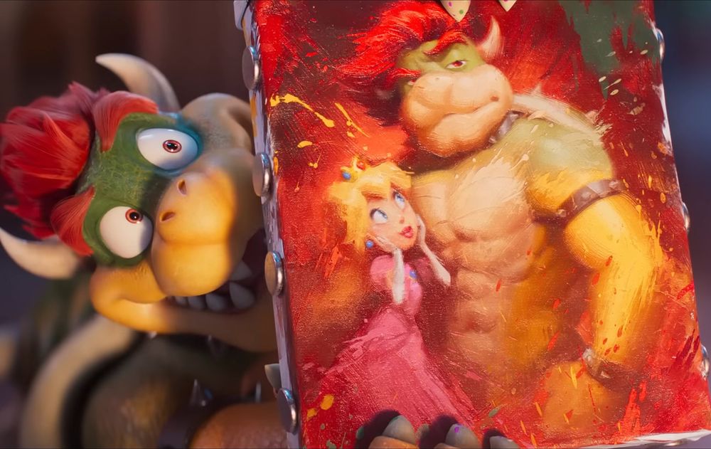 cena do filme Mario Galaxy, com Bowser mostrando uma pintura de si próprio com Peach