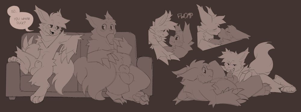 Two zangoose boy, Cal and Duster, sit on either side of a sofa as Calorin asks "So.... wanna fuck?" Cal jumps on top of Duster as the two embrace in a kiss before Cal playfully gets in position to blow Dusters lipsticking dick.