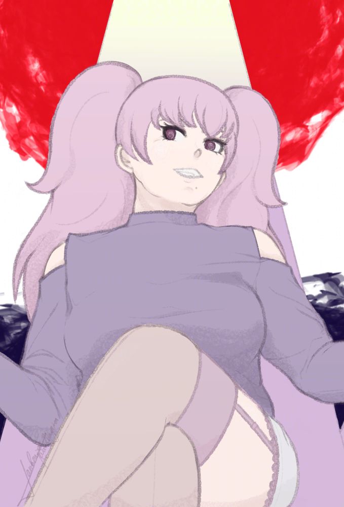 A drawing of Isabella Jewell from Murder Fabrication sitting in a chair that seemingly gloes infinitely up behind her. The pose is the same as that of Nyl's in their demo song "Above and Beyond" by RIProducer - the viewer is looking up at Isabella, who is smiling with her legs crossed.