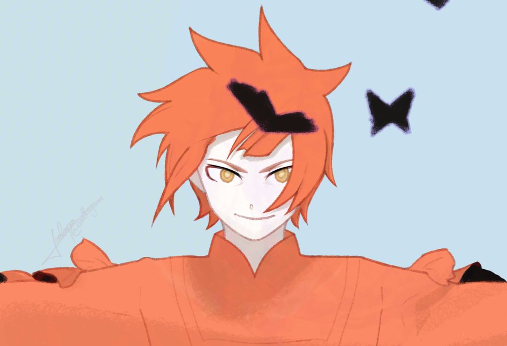 A digital drawing of my original character Kai in the style of a character from the song "Noroshi" by syudou. He is a young man with light skin, orange hair and very similarly coloured clothing. He is smiling proudly, looking forward, and extending his arms. His hair is flowing in multiple directions, implying intense wind. In front and above him, black, angular butterflies surrounded by a purple blur are flying.