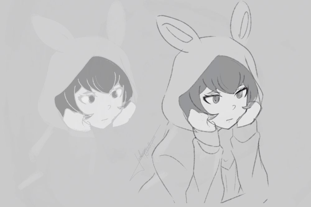 A digital greyscale sketch of Aiko Umesawa from Danganronpa 3. She is holding her chin between her hands with a bored expression. The lines are unfinished, and this is a loose sketch when compared to the artist's usual.