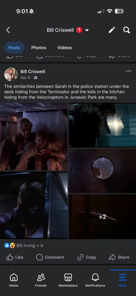 A Facebook screenshot comparing Jurassic Park and Terminator scenes.