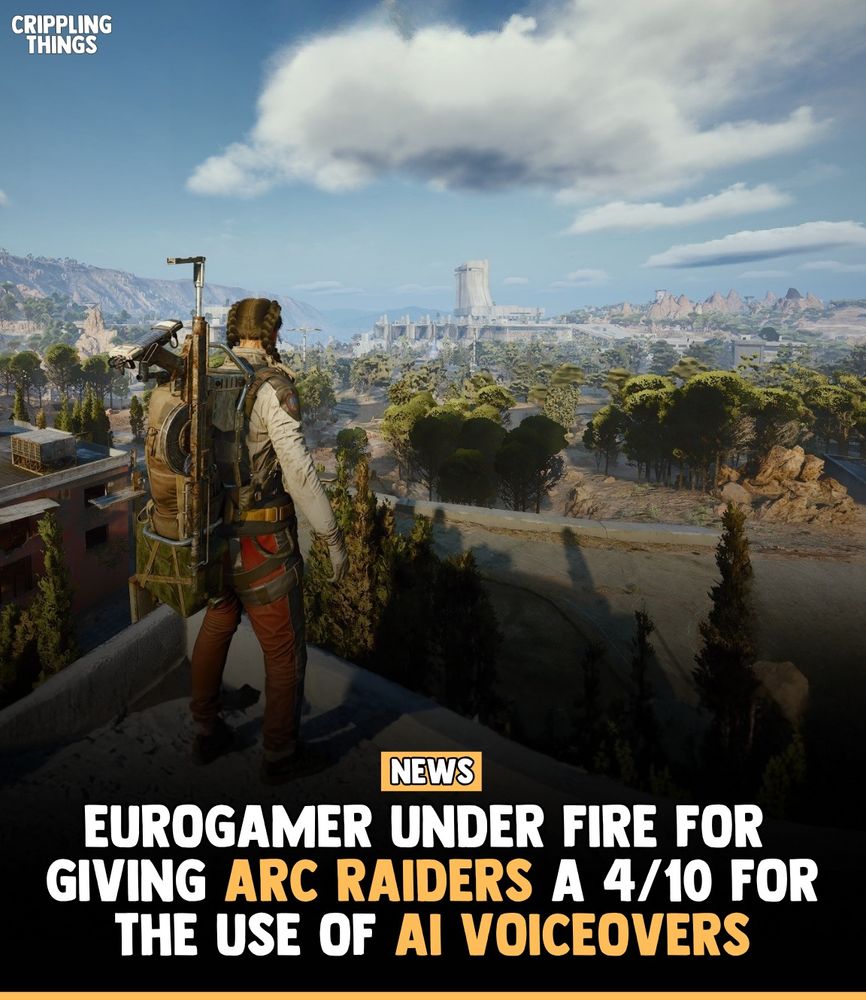 Picture showing a screenshot of ARC RAIDERS. The text reads "Eurogamer under fire for giving ARC RAIDERS a 4/10 for use of AI Voiceovers."