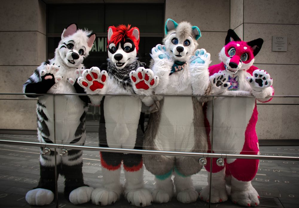 Four fursuiters, paws up leaning against a glass railing.