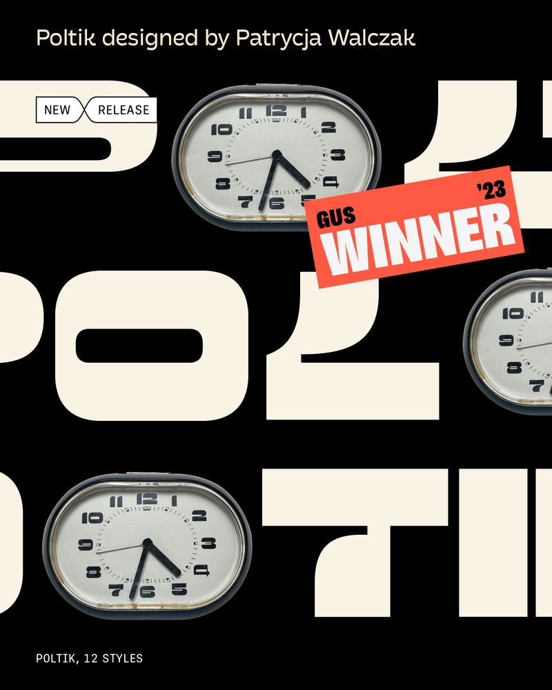 Patrycja Walczak’s Poltik won the Gerard Unger Scholarship in 2024. It is a funky reverse contrast type family inspired by a 1970s clock face from Poland.