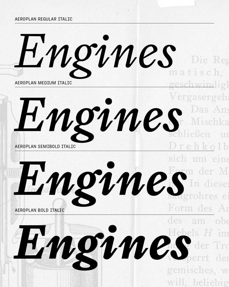 Examples of Aeroplan’s italic weights from regular italic to bold italic.