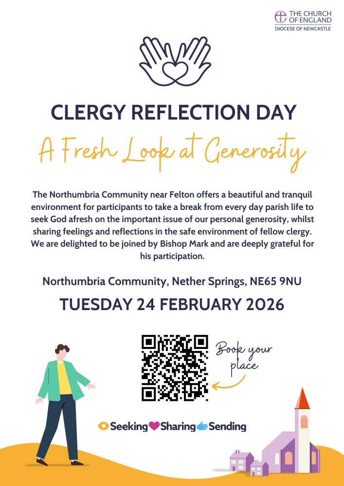 A flyer about a Clergy Reflection Day with the Diocese of Newcastle logo in the top right and a QR code for booking in the centre near the bottom.