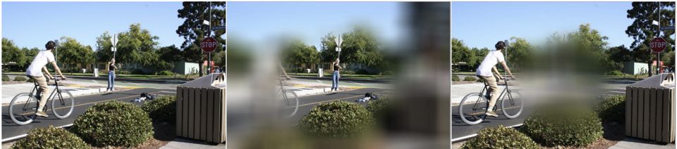 Example stimulus from Byron's image dataset: an unobscured version (left) depicting a man on a bike approaching a woman trying to cross the bike lane; a simulation of peripheral vision loss (center), where the woman is clearly visible but the man on the bike is obscured; and a simulation of central vision loss (right), where the man on the bike is apparent but the woman is obscured