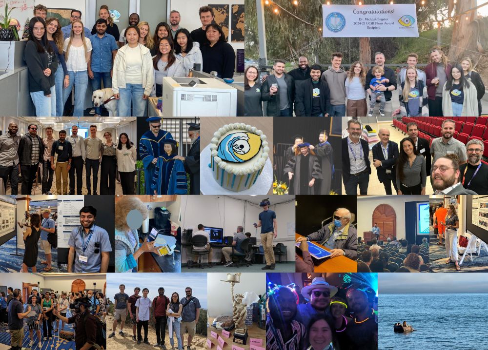 Epic collage of Bionic Vision Lab activities. From top to bottom, left to right:
A) Up-to-date group picture
B) BVL at Dr. Beyeler's Plous Award celebration (2025)
C) BVL at The Eye & The Chip (2023)
D/F) Dr. Aiwen Xu and Justin Kasowski getting hooded at the UCSB commencement ceremony
E) BVL logo cake created by Tori LeVier
G) Dr. Beyeler with symposium speakers at Optica FVM (2023)
H, I, M, N) Students presenting conference posters/talks
J) Participant scanning a food item (ominous pizza study)
K) Galen Pogoncheff in VR
L) Argus II user drawing a phosphene
O) Prof. Beyeler demoing BionicVisionXR
P) First lab hike (ca. 2021)
Q) Statue for winner of the Mac'n'Cheese competition (ca. 2022)
R) BVL at Club Vision
S) Students drifting off into the sunset on a floating couch after a hard day's work