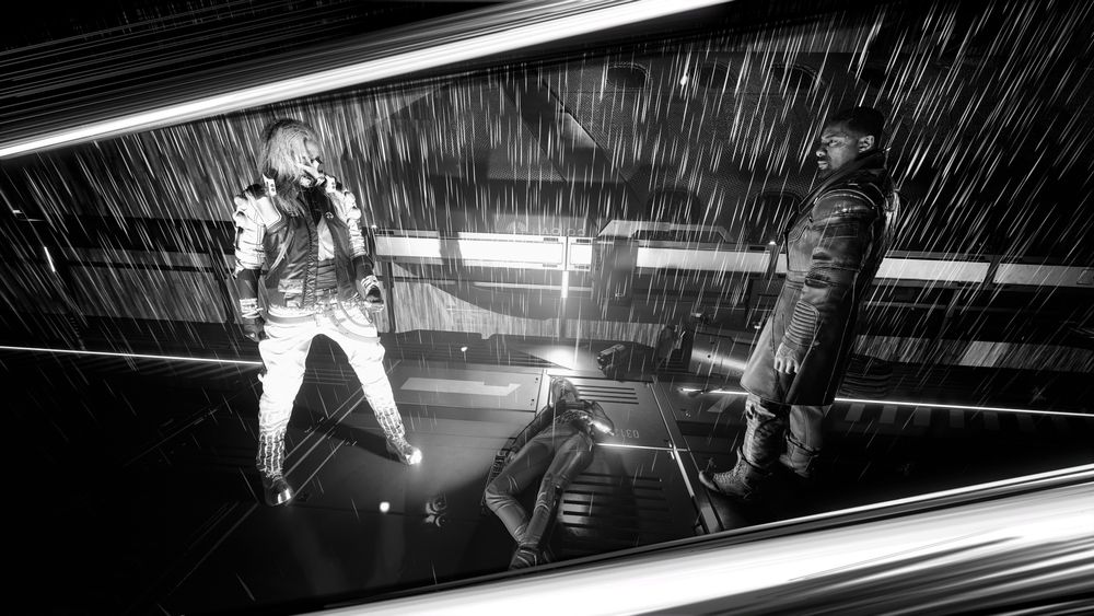 A stylized picture of a stand-off between V and Solomon Reed, from the game Cyberpunk 2077. They are standing on a walkway connecting to the rocket and launchpad, Songbird laying on the ground between them, seemingly unconscious. V stands on the left, wearing black and white attire with silver flair and details. The toes of his boots are metal, his legs apart as he stands in a readying position, and his his fist clenched. He is wearing a gas mask, his brows furrowed as his white mane of hair falls on either side of his face. Reed is standing to the right, slightly rotated, his expression serious and somber. He is wearing a long trench coat, his hands at his sides. The rain is pouring down on them, the scene dramatic. A black and white filter is applied to the image, with a black and white comic frame putting action lines and streaks above and below.