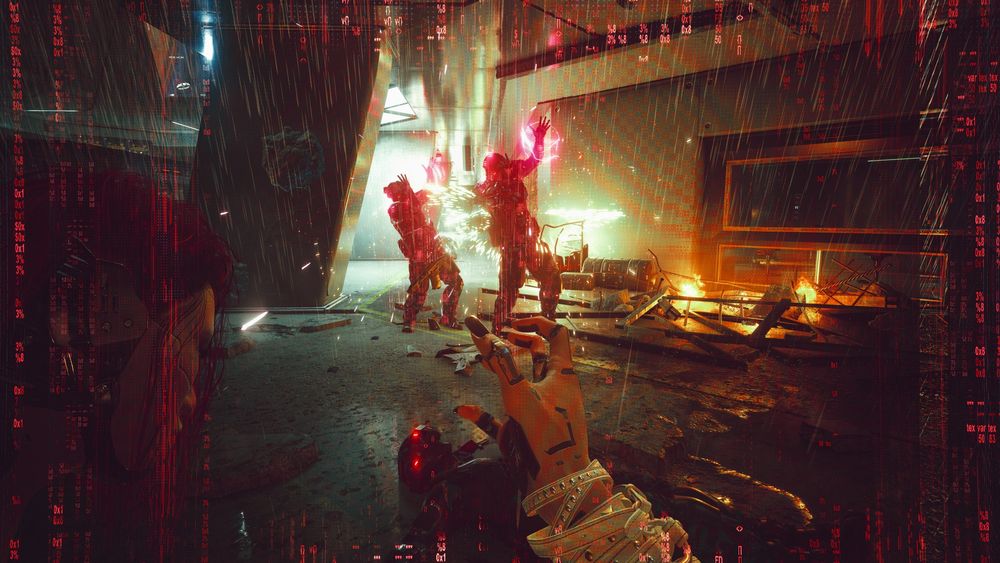A screenshot from a small part during the DLC Phantom Liberty for Cyberpunk 2077, it is taken from the first person perspective of the protagonist, V. His right hand is raised in front of him, finger curling in a dramatic motion as he unleashes the Blackwall. Songbird is partially visible on the left, leaning on V's left side. The screen is slightly distorted and partially filled with red aberrations, numbers, and text. In front of them, two NUSA soldiers contort and twist as the red aberrations run through them, painfully killing them. Red electric energy bounces off of them, causing sparks. The overall scene is one of chaos and destruction.