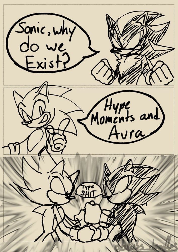 Shadow the hedgehog in the first panel clenched his fists and shuts his eyes as he asks sonic “sonic, why do we exist?”. the second panel shows sonic’s response with a grin, as he replies with “hype moments and aura”. in the final panel, sonic and shadow dap eachother up and transform into their super forms while they say “type shit” in unison.

this comic is very stupid but i hope you enjoy :3