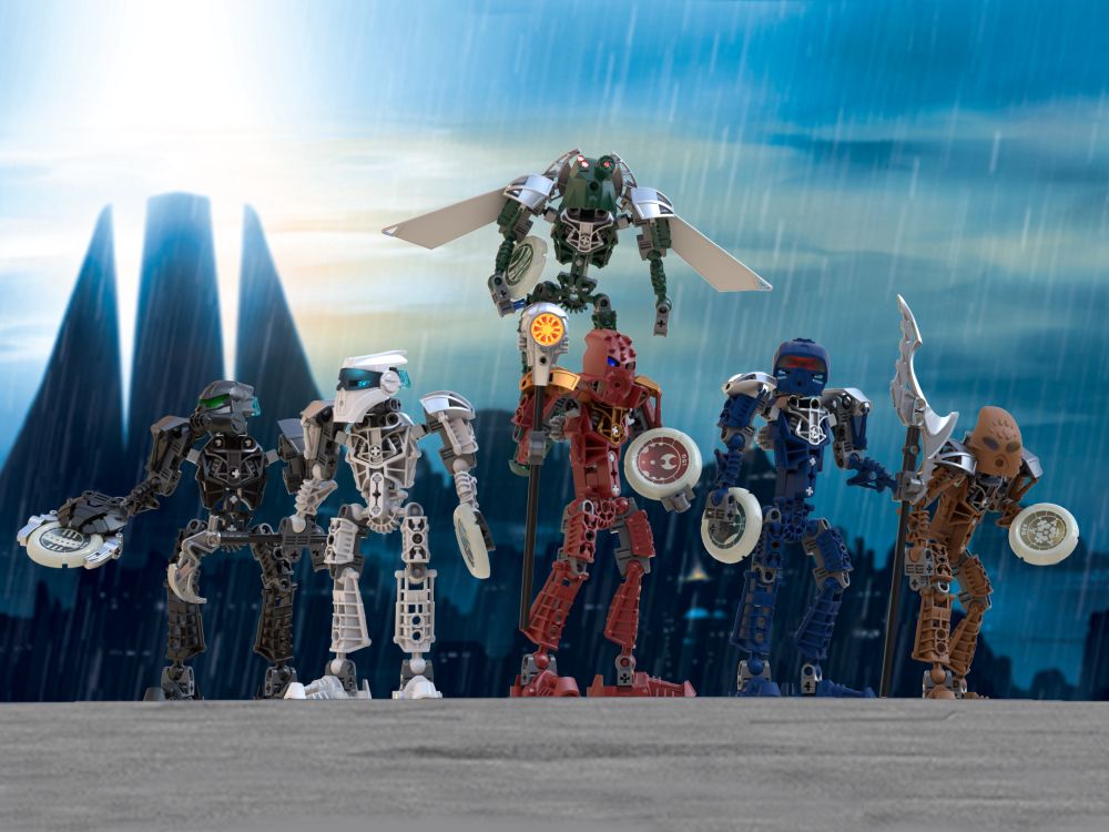 A team of six armored robotic figures, standing heroically in the rain
