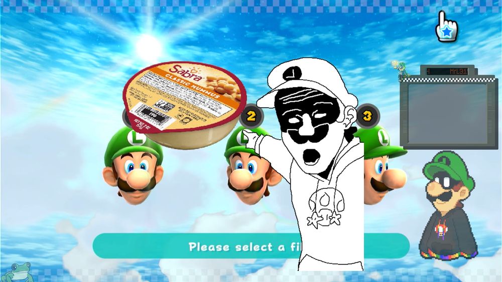 Promotional image of a screengrab of my stream overlay with Super Mario Galaxy 2 in the background with 3 Luigi save files, my MrL sona, Fredrick the frog, my chat box, and a meme of me pointing at hummus
