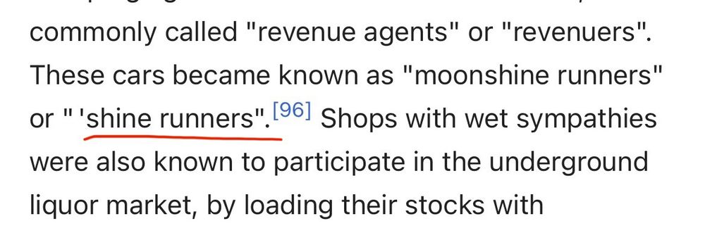 Screenshot from prohibition Wikipedia, referring to cars distributing moonshine as “Shine Runners”