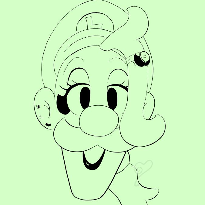 Line art of transfem Luigi head. Key features include cateye eyeliner shaped as a split mustache, black glossy lipstick, tired eyes, ponytail, assorted earrings including a Dimentio, an L, and a mustache. Protruding from under her cap is a long front bang (?) with curls resembling the mustache, and along the hair is a bow with a brooch stylized as her nose and mustache, but the nose is a P-switch. Her eyebrows are also noticeably thinner