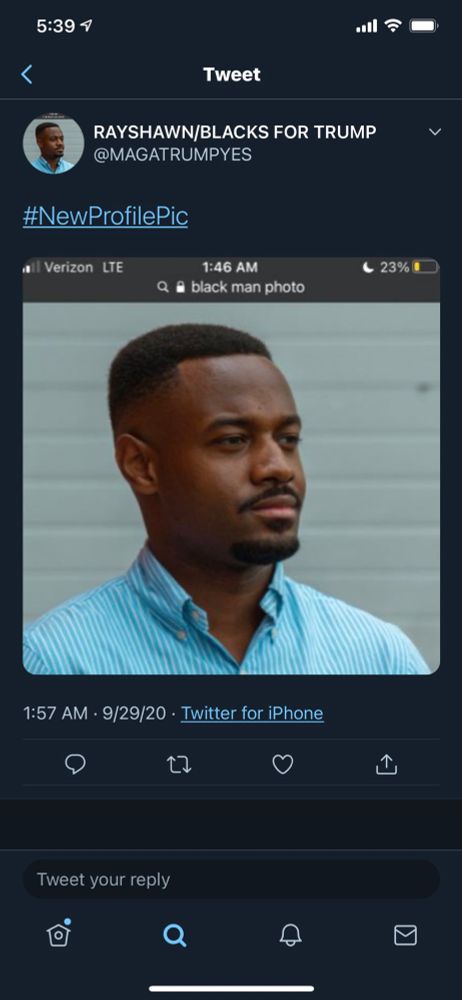 A tweet from user “MAGATRUMPYES” reading on Sep. 29, 2020.

The text is simply: “#NewProfilePic”

There is an image of a Black man with short hair and a goatee wearing a light blue button-down collared shirt, framed from the shoulders up.  Also inside the image is a header indicating it is the result of a Google Image Search for “black man photo.”

The implication being that the user is not a Black man, but is merely attempting to impersonate one on the Internet for political purposes.