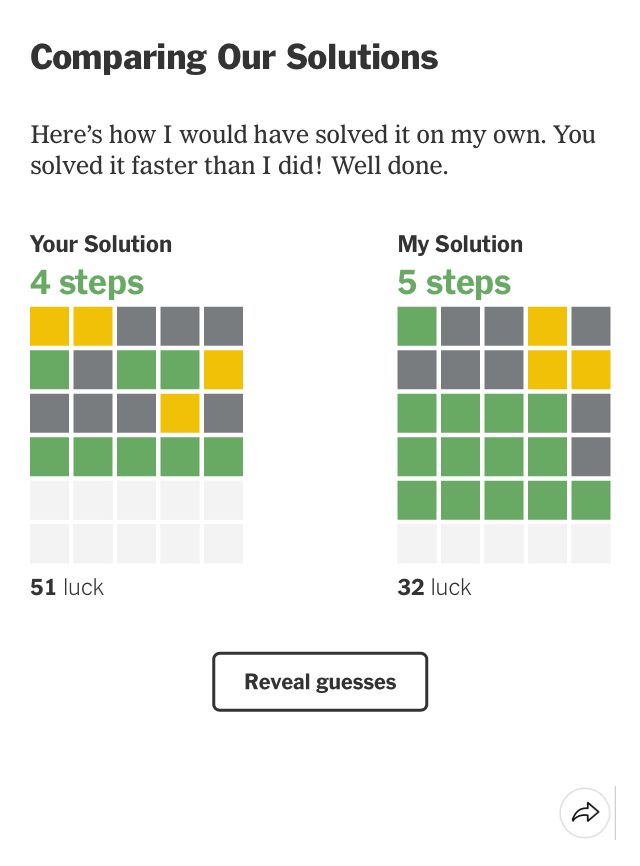 Solution comparison for Wordle 1508.

I solved in 4 steps.  WordleBot solved in 5 steps.