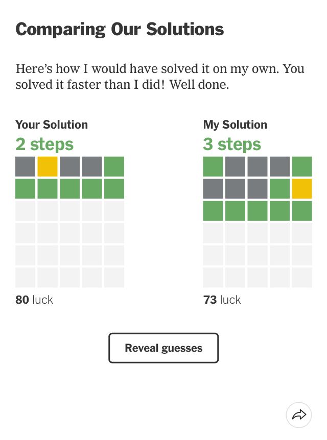 Solution comparison for Wordle 1527. I solved in 2 steps. WordleBot solved in 3 steps. 