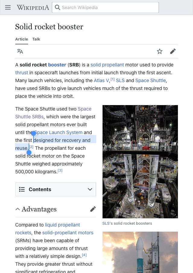 Screenshot of Wikipedia entry for “Solid Rocket Booster,” a component of the Space Shuttle used by NASA in the late 20th Century. A portion of text is highlighted that reads: “designed for recovery and reuse.”