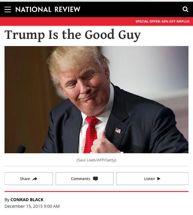National Review column from December 2015, headline: “Trump Is the Good Guy”